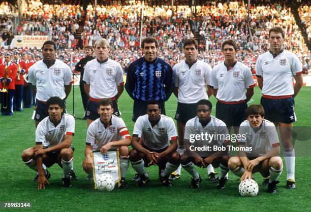 7th June 1989, Friendly International in Copenhagen, Denmark 1, v England 1, England team, back row, left-right, John Barnes, Stuart Pearce, Peter...