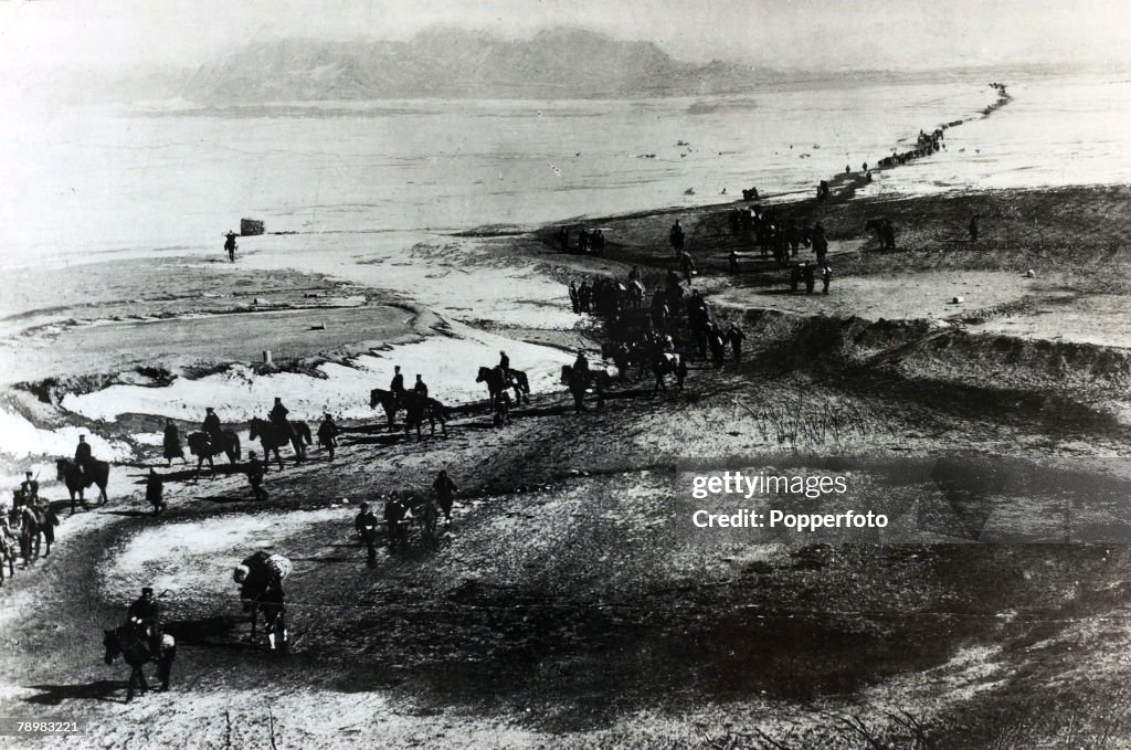 War and Conflict. Sino-Japanese War. (1894-1895). pic: 25th January 1895. The landing of Japanese troops and advance of the senior command of the 2nd Army to Yung-Ching in Shantung. Following the two countries conflict at the end of the 19th century, whic