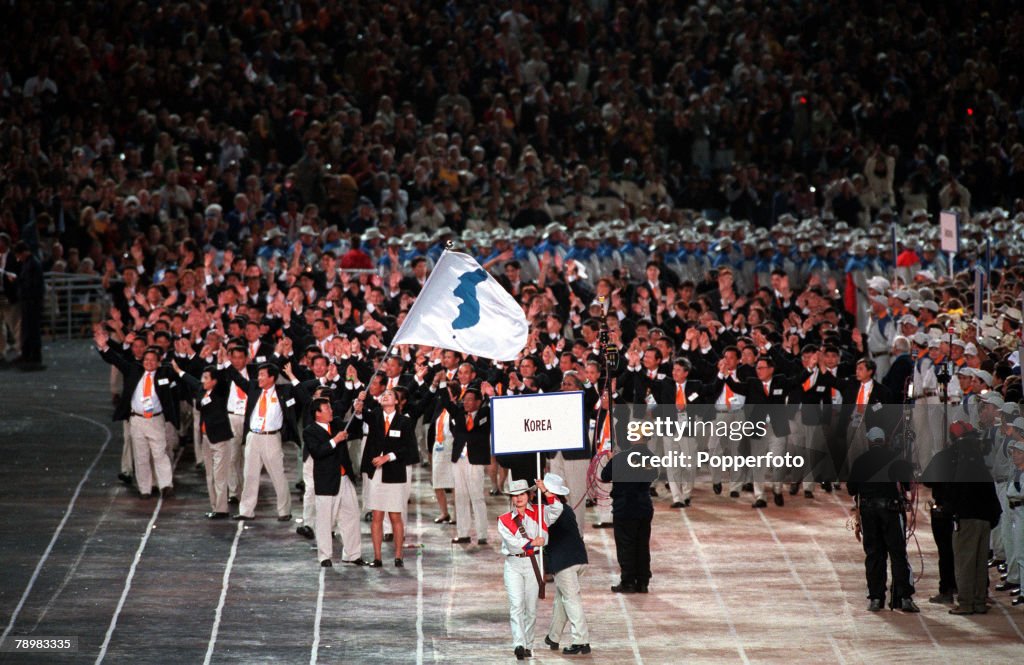2000 Olympic Games. Sydney, Australia. The North andSouth Korea teams unite for the parade in the Opening Ceremony. 15th September 2000.