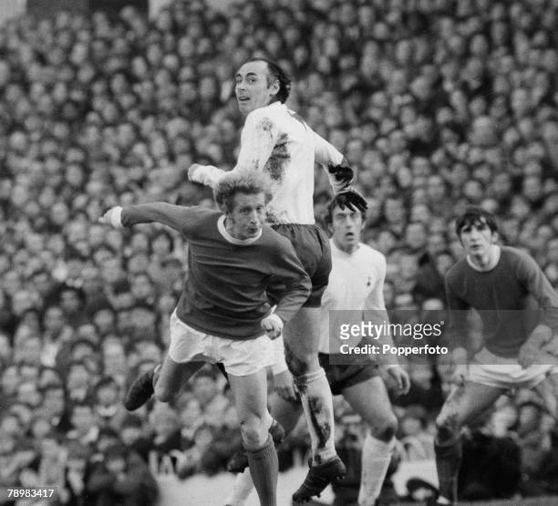 Sport Football, English League Division 1, 5th December 1970, Tottenham Hopspur 2 v Manchester United 2, Tottenham's Alan Gilzean outjumps Manchester...