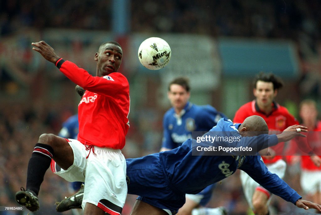 Sport. Football. pic: 31st March 1996. F.A.Cup Semi-Final at Villa Park. Manchester United.2.v Chelsea.1. Manchester United's Andy Cole causes problems for the Chelsea defence. Andy Cole made a name for himself at Newcastle United, (1993-1995), where he b