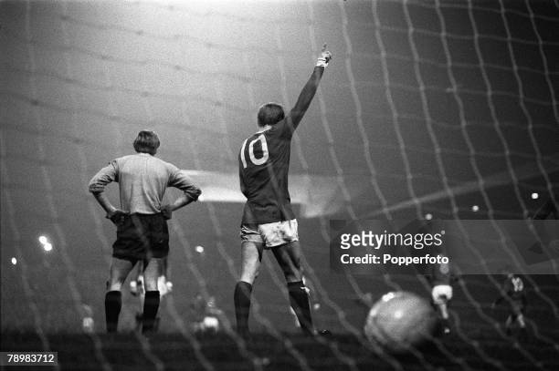 2nd October 1968, European Cup Manchester United 7 v Waterford 1, Manchester United's Denis Law who scored 4 goals in the game, celebrating one of...
