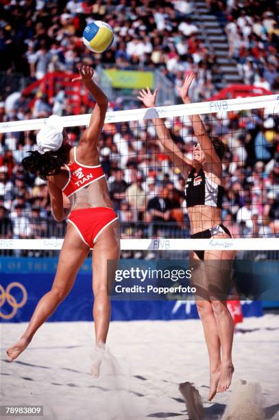 Olympic Games, Sydney, Australia, Women's Beach Volleyball , GERMANY v CHINA, 16th September China's Jia Tian jumps as she prepares to spike as...