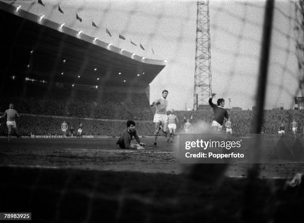 27th March 1968, Division 1, Manchester United 1, v Manchester City 3, at Old Trafford, Manchester United's George Best scores for United in the...