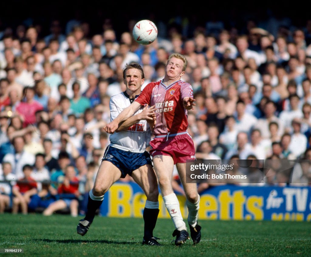 BT Sport. Football. pic: 6th May 1989. Division 1. Derby County 2 v Aston Villa 1. Derby County's Paul Goddard, left, contests the ball with Aston Villa's Darrell Duffy.