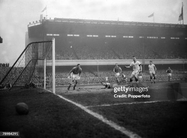 1st February 1958, Division 1, Arsenal 4, v Manchester United 5, at Highbury, Arsenal goalkeeper Jack Kelsey watches the ball go out of play after...