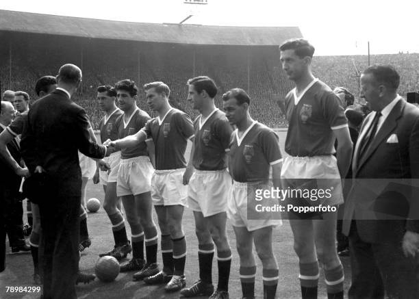 4th May 1958, 1958 F.A. Cup Final at Wembley, Bolton Wanderers 2, v Manchester United 0, Manchester United players introduced to H,R,H, Duke of...