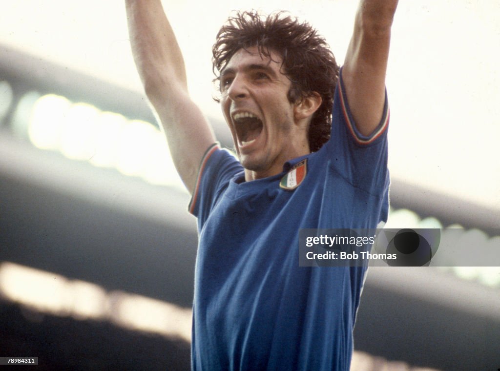 Sport. Football. pic: 11th July 1982. 1982 World Cup Final in Madrid. Italy 3 v West Germany 1. Italy striker Paulo Rossi celebrates his and Italy's first goal.