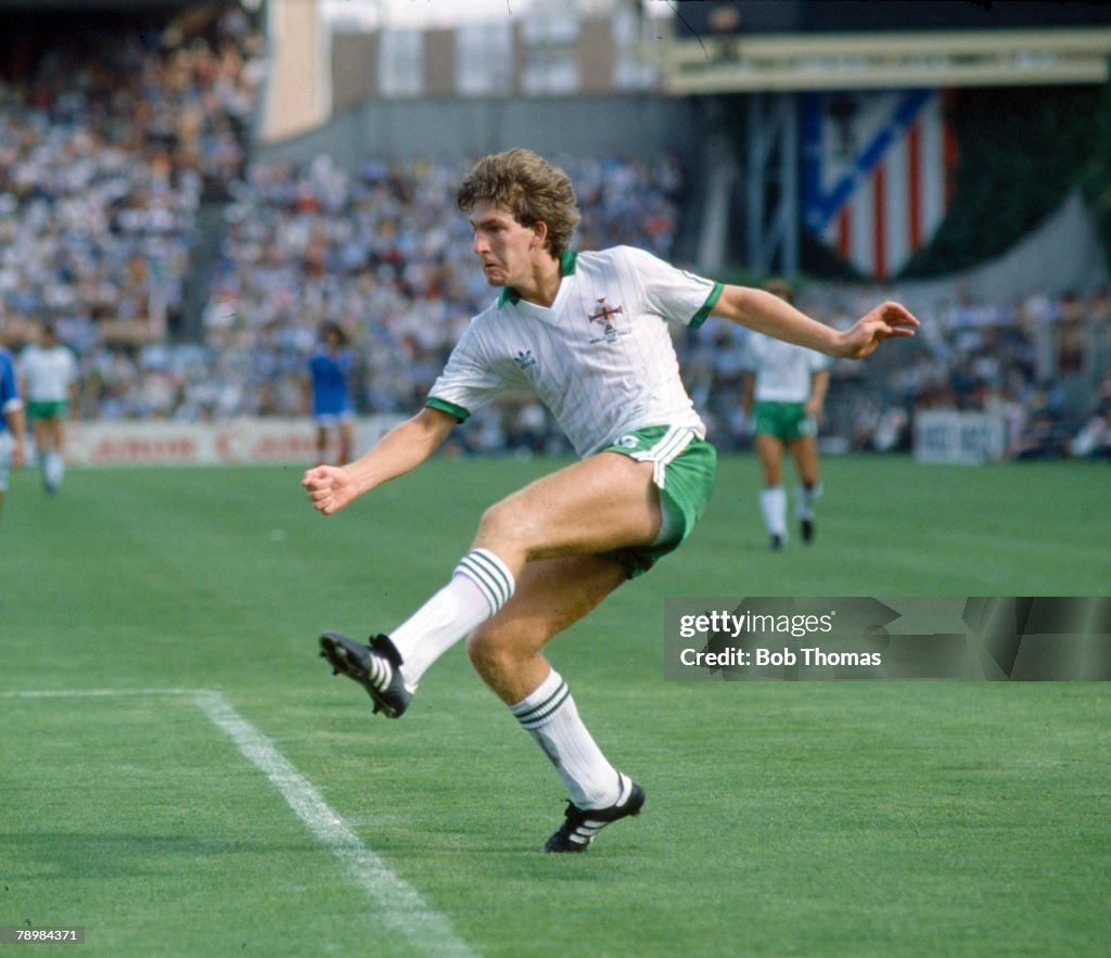 Sport. Football. pic: 4th July 1982. 1982 World Cup Finals. Northern Ireland 1 v France 4 in Madrid. Norman Whiteside, Northern Ireland, who won 38 Northern Ireland international caps between 1982-1990.