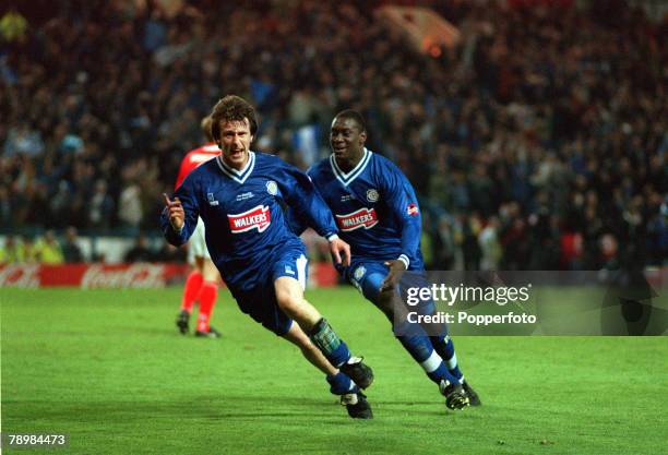 16th April 1997, Coca Cola Cup Final Replay, Leicester City 1, v Middlesbrough 0, a,e,t, Leicester City's Steve Claridge, left celebrates his goal as...