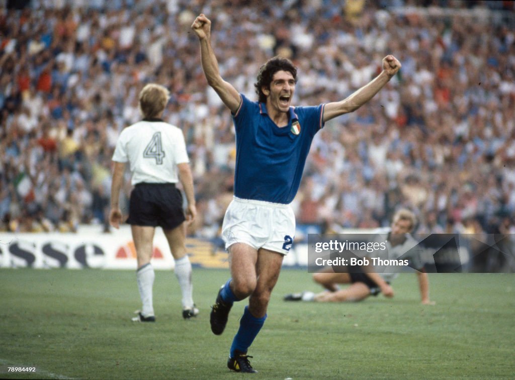 Sport. Football. 1982 World Cup Final. Madrid, Spain. 11th July, 1982. Italy 3 v West Germany 1. Italy's Paolo Rossi celebrates after scoring the opening goal in the World Cup Final.