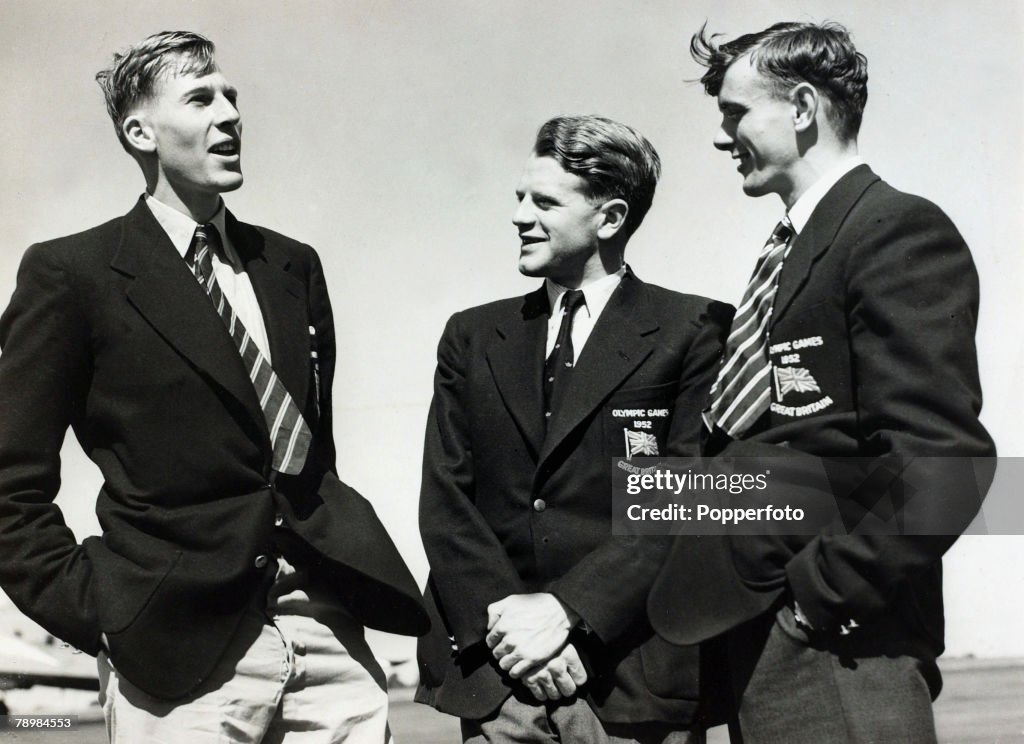 Sport. Athletics. pic: 20th July 1952. Great Britain's gold medal hopes for the 1952 Olympic Games in Helsinki, l-r, Roger Bannister (1500 metres), Chris Chataway (5000 metres) and John Disley (steeplechase).