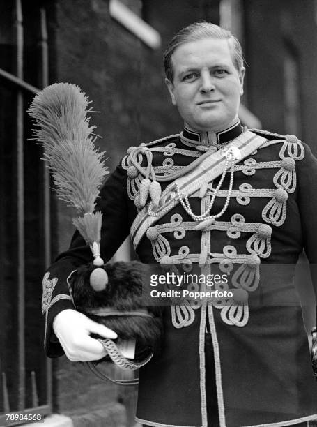 Randolph Churchill wearing the Uniform of the 4th Hussars when he attended the levee at St James' Palace London 23rd May 1939.