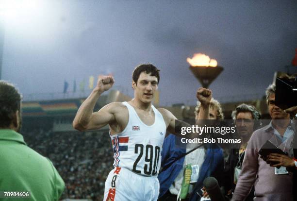 Scottish sprinter Allan Wells of Great Britain celebrates after winning the gold medal in the Men's 100 metres event at the 1980 Summer Olympics in...