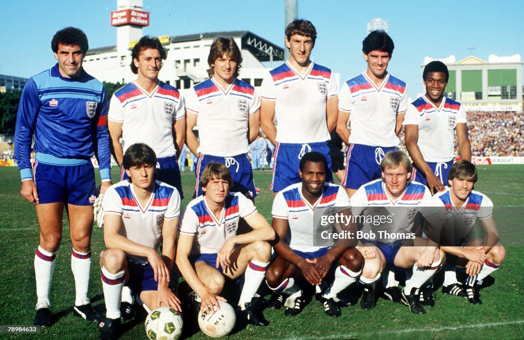 Sport. Football. pic : 12th June 19831983 Summer Tour of Australia.Australia (0) vs England (0) Played on Sydney Cricket Ground.England, back row, left - right: Peter Shilton, Trevor Francis, Russell Osman, Terry Butcher, John Gregory, Danny Thomas. Front