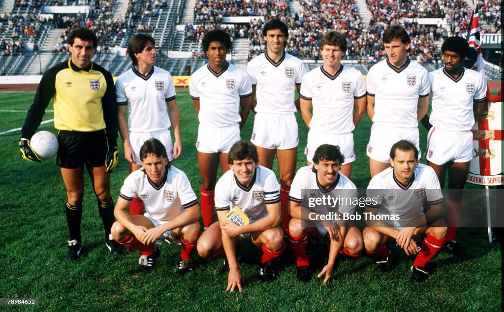 Sport. Football. pic : 17th June 1984.1984 England Tour of South America. Santiago. Chilie (0) vs England (0). England, back row, left - right: Peter Shilton, Terry Fenwick, John Barnes, Mark Hateley, Clive Allen, Dave Watson, Mark Chamberlain. Front row,