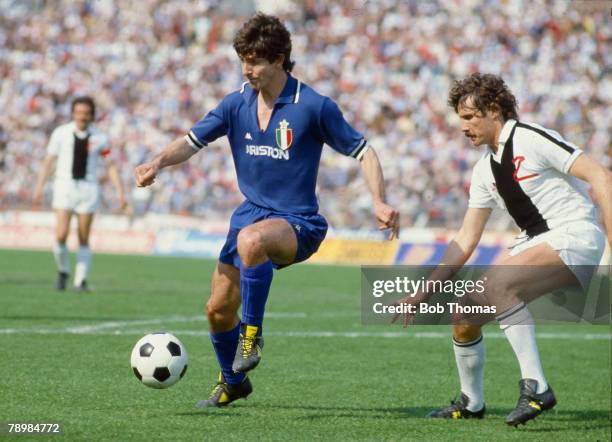 2nd May 1982, Italian League Serie A, Udinese 1 v Juventus 5, Juventus striker Paolo Rossi on the ball, closely watched by Udinese defender Dino...