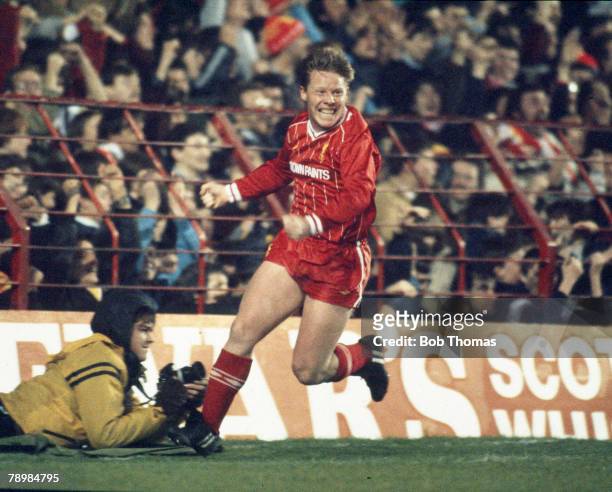 11th April 1984, European Cup Semi-Final 1st Leg, Liverpool v Dinamo Bucharest 0, Liverpool's Sammy Lee celebrates his "goal" which was disallowed,...