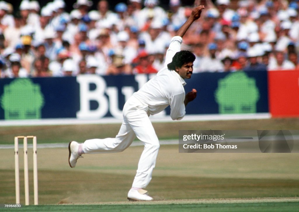 Sport. Cricket. pic:18th July 1990. Texaco 1 Day International at Headingley. England beat India. Kapil Dev, India. Kapil Dev was the first genuine pace bowler India produced after partition, playing in Tests from 1978-1994, and was also a recognised big 