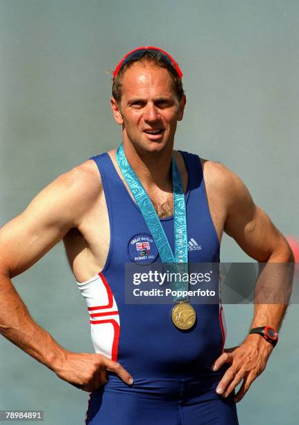 Olympic Games, Sydney, Australia, Rowing, Men's Coxless Fours Final, 23rd September Great Britain team crew member Steven Redgrave proudly displays...