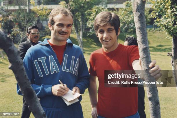 Italian international footballers Sandro Mazzola of Internazionale and Gianni Rivera of AC Milan pictured together in 1970. Both midfielders would be...