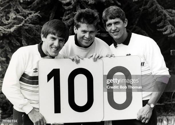 8th September 1987, Dusseldorf, England strikers, l-r, Peter Beardsley, Chris Waddle and Gary Lineker hoping to score the 100th goal since Bobby...