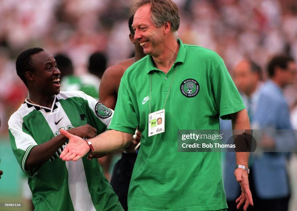 1996 Olympic Games. Atlanta, USA. Sanford Stadium, Georgia. Men's Football. Semi Final. Nigeria 4 v Brazil 3. Nigerian coach Jo Bonfrere celebrates with T. Babangida at the end of the match as they celebrate their place in the Final.