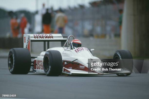 American racing driver Eddie Cheever drives the USF&G Arrows Megatron Arrows A10B Megatron Straight-4t to finish in 7th place in the 1988 British...