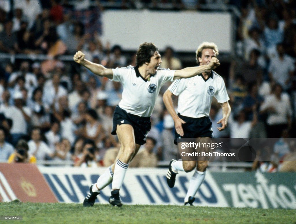 BT Sport. Football. pic: 8th July 1982. World Cup Semi-Final in Seville. West Germany 3 v France 3. West Germany win on penalties. West Germany's Klaus Fischer races away to celebrate having scored their 3rd goal.