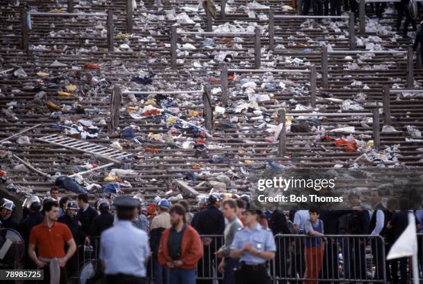 Empty terraces, previously occupied by Juventus fans, after the riot at the Heysel Stadium in Brussels, Belgium, before the start of the 1985...