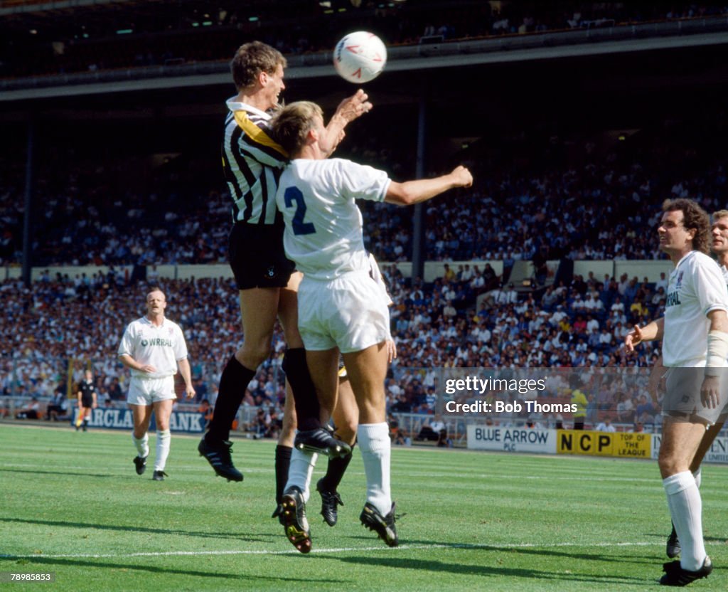 BT Sport. Football. pic: 27th May 1990. Division 3 Play Off Final at Wembley. Tranmere Rovers 0 v Notts County 2. Notts County's Craig Short wins a header to score his goal.