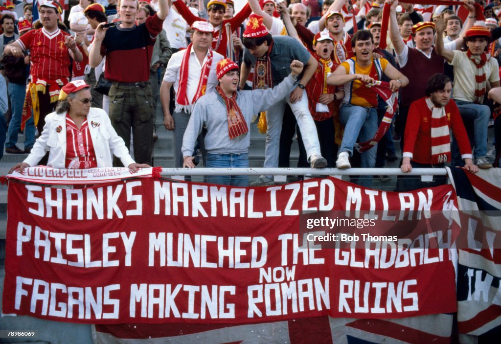 BT Sport. Football. pic: 30th May 1984. European Cup Final in Rome. Roma 1 v Liverpool 1. after extra time. (Liverpool win 4-2 on penalties). Liverpool fans in the Olympic Stadium with an amusing giant banner.