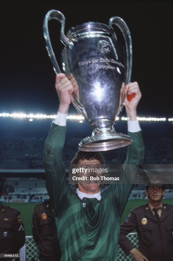 Sport. Football. European Cup Final. Seville. 7th May 1986. Steaua Bucharest 0 v Barcelona 0 ( After Extra Time) Steaua won 2 - 0 on penalties. Bucharest's goalkeeper Ducadam hold aloft the trophy.