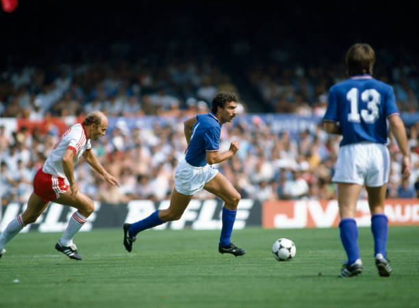 8th July 1982, 1982 World Cup Finals in Spain, Semi-Final, Italy 2 v Poland 0 in Barcelona, Italy's Giuseppe Bergomi races away from Poland's Gregor...