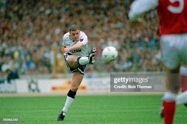 Sport, Football, 14th April 1991, FA Cup Semi-Final, Wembley, Arsenal Tottenham Hotspur , Paul Gascoigne scores his side's first goal from a direct...