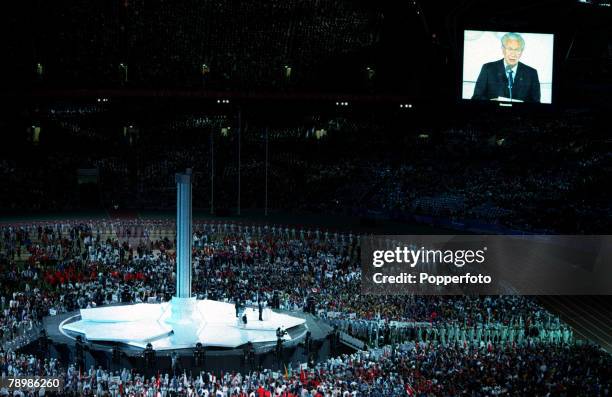 Olympic Games, Sydney, Australia, 1st October Scenes from the closing ceremony, showing IOC President Juan Antonio Samaranch giving a closing speech