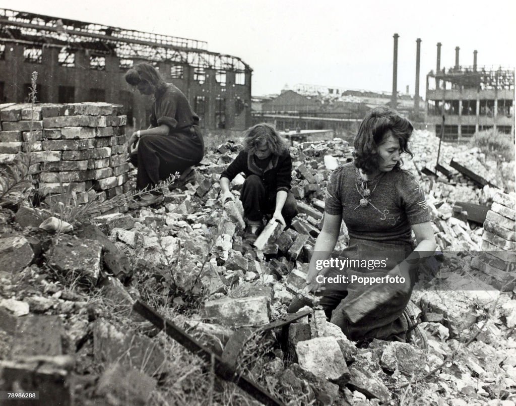 Essen, West Germany. 1946. Three girls of Essen help to clear the rubble caused by fighting in World War Two.