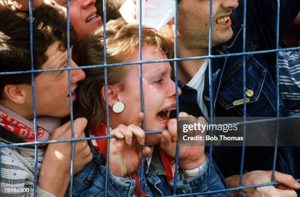 15th April 1989, F.A. Cup Semi-Final at Hillsborough, Liverpool 0,v Nottingham Forest 0, Match Abandoned, Young Liverpool fans crushed against the...