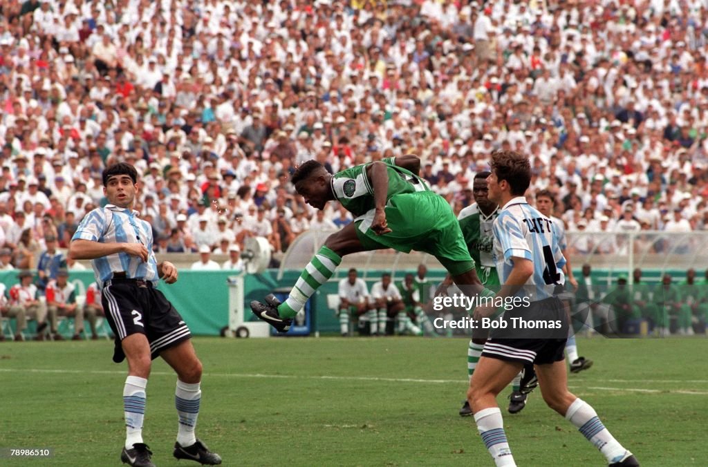 1996 Olympic Games. Atlanta, USA. Sanford Stadium, Georgia. Men's Football. Gold Medal Match. Nigeria 3 v Argentina 2. Nigeria+s Celestine Babayaro scores his side's first goal with a header.