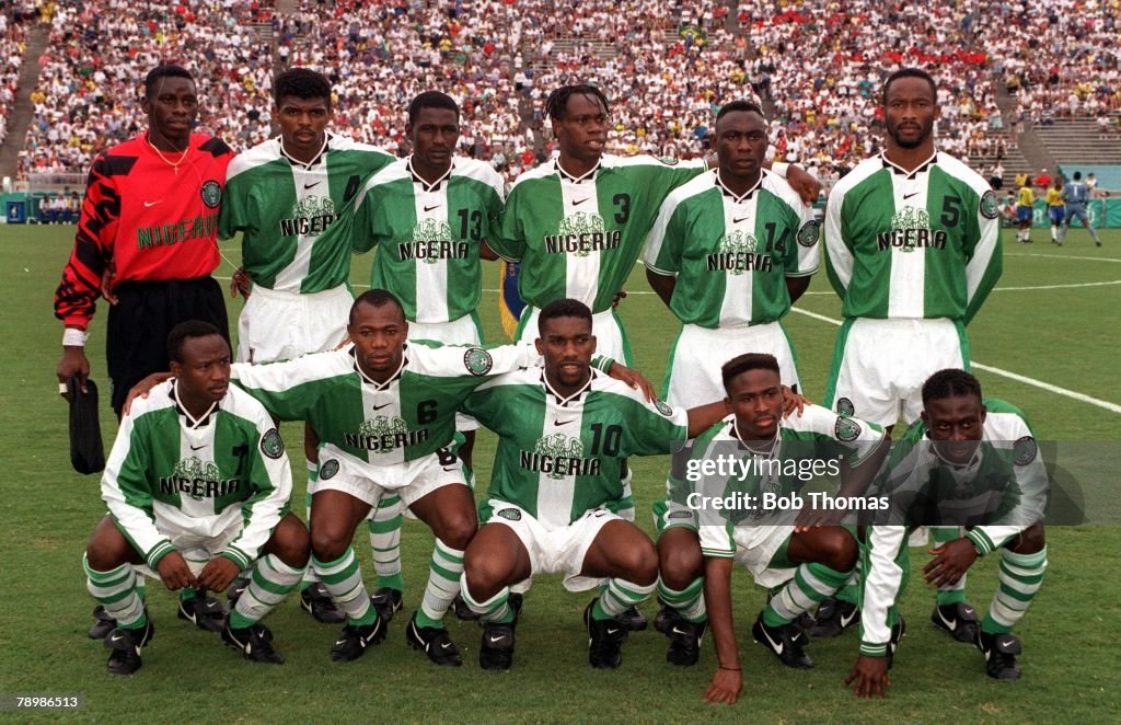 1996 Olympic Games. Atlanta, USA. Sanford Stadium, Georgia. Men's Football. Semi Final. Nigeria 4 v Brazil 3. The Nigeria team pose for a group photograph before the match.