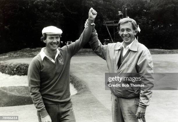 Sport, Golf, 1981 Ryder Cup held at Walton Heath, Surrey, The United States winning captain Dave Marr, right, celebrates with Larry Nelson