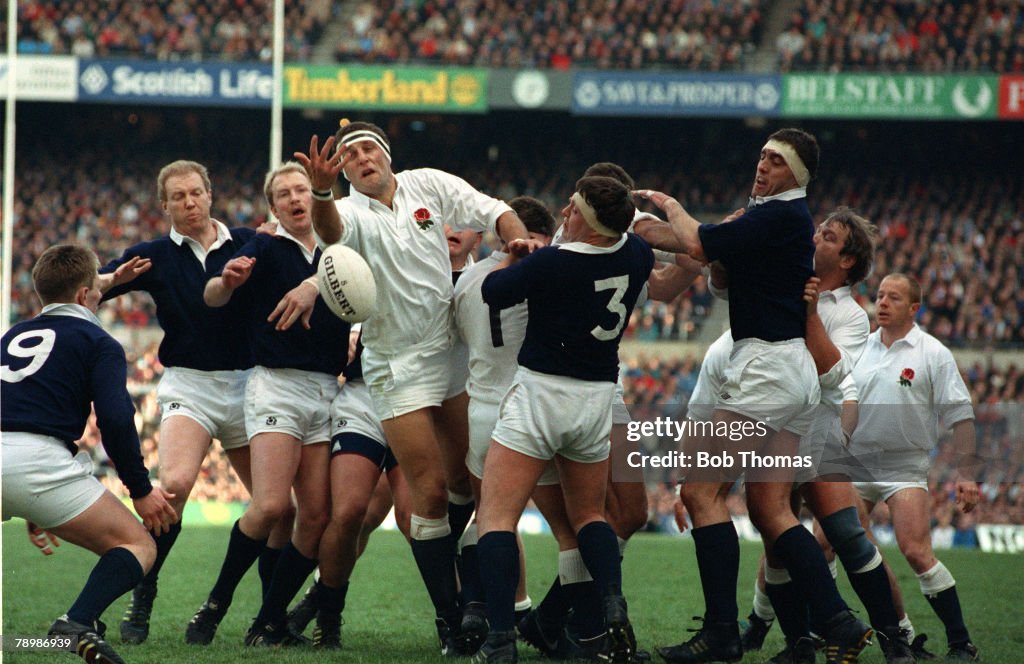 Sport. Rugby Union. pic: 16th March 1985. 5 Nations Championship at Twickenham. England 21. v Scotland 12. England's Wade Dooley tussles for the ball surrounded by the Scottish defence.