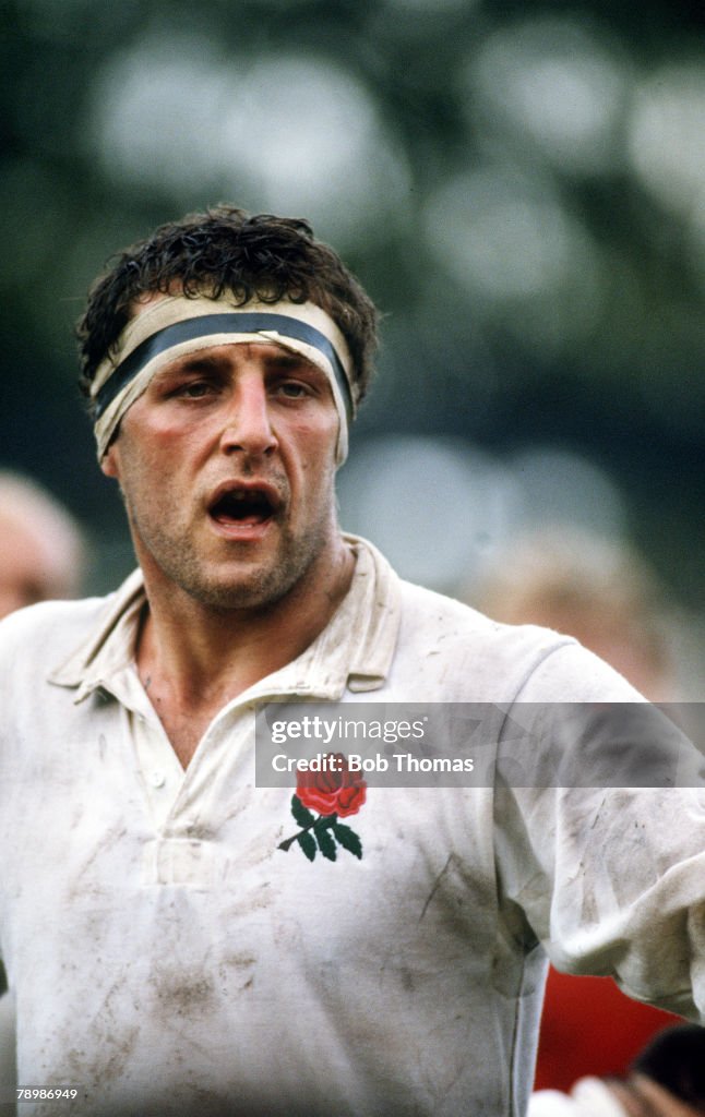 Sport. Rugby Union. pic: 8th June 1987. Rugby Union World Cup Quarter Final at Brisbane. England 3. v Wales 16. England's Wade Dooley waits at the line out.