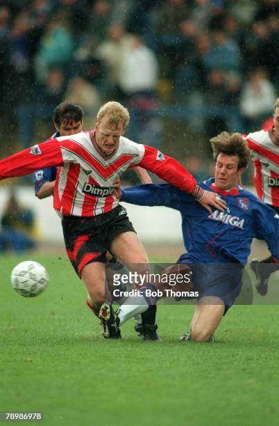 2nd April 1994, FA,Carling Premiership, Chelsea 2, v Southampton 0, Southampton's Iain Dowie, left, is challenged by Chelsea's Craig Burley