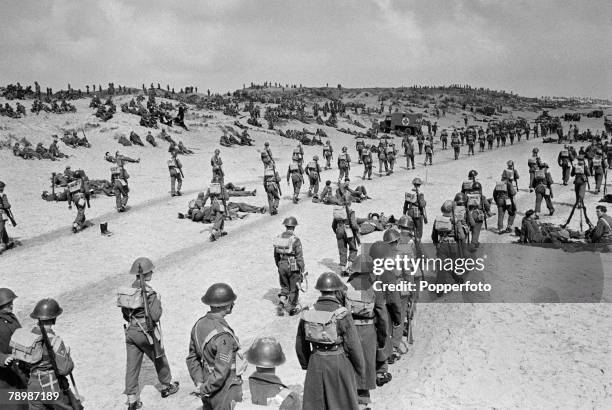 Stage & Screen, Camber Sands, England The beaches packed with 'soldiers' during Ealing Studios film reconstruction of the evacution of the Dunkirk...