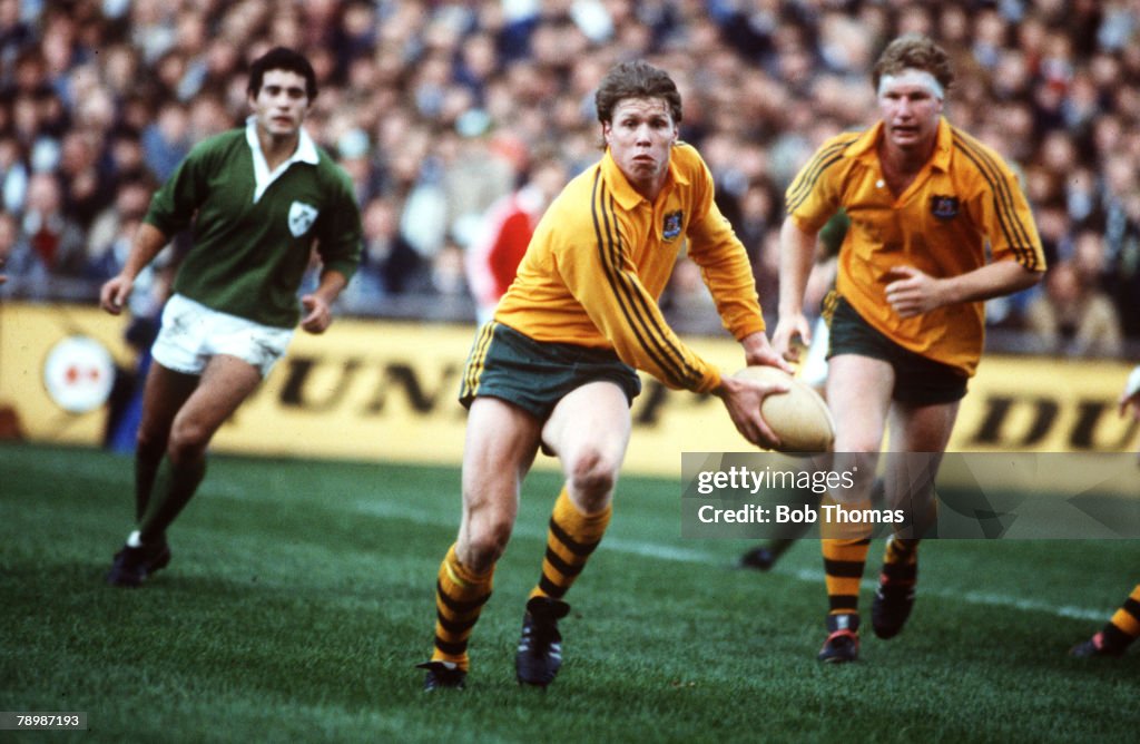 Sport. Rugby Union. pic: 10th November 1984. International Match in Dublin. Ireland 9. v Australia 16. Nick Farr-Jones, Australia scrum half.