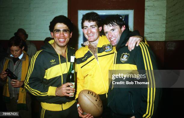 Sport, Rugby Union, pic: 8th December 1984, International Match at Murrayfield, Scotland 12, v Australia 37, Australia's l-r, Mark Ella, David...