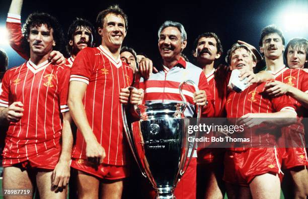 30th May 1984, European Cup Final in Rome, Liverpool beat Roma 4-2 on penalties after 1-1 draw a,e,t, Joe Fagan, the Liverpool Manager holds the...