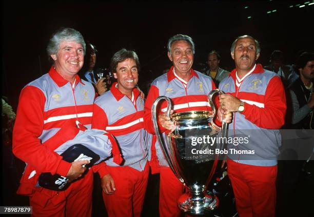 30th May 1984, European Cup Final in Rome, Roma v Liverpool, The Liverpool management team, left-right, Chris Lawler,Roy Evans, Liverpool Manager Joe...