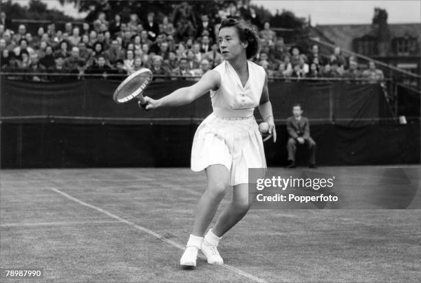 Maureen Connolly, USA, playing in the Northern Championships in Manchester, Maureen Connolly, known as "Little Mo" won the Ladies Singles...